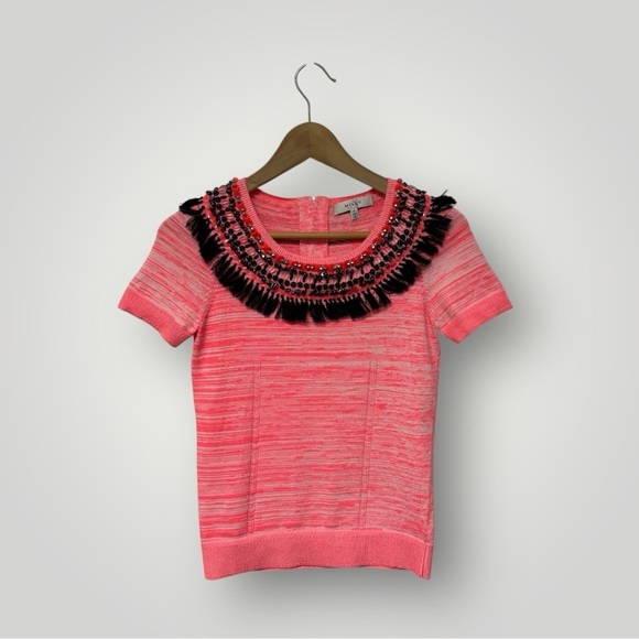 MILLY Knit Top Neon Pink Beaded Sz Small/P - Picture 2 of 7
